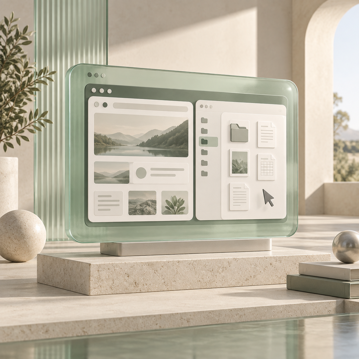 A sculptural glass computer window with browser panels and workspace files