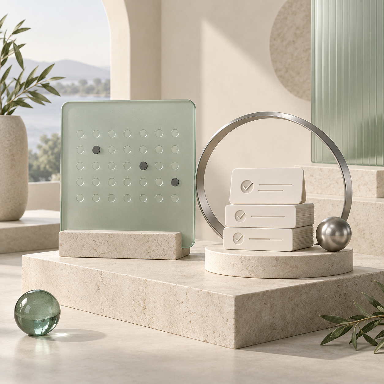 A glass calendar, a circular loop, and completed task cards illustrating recurring work