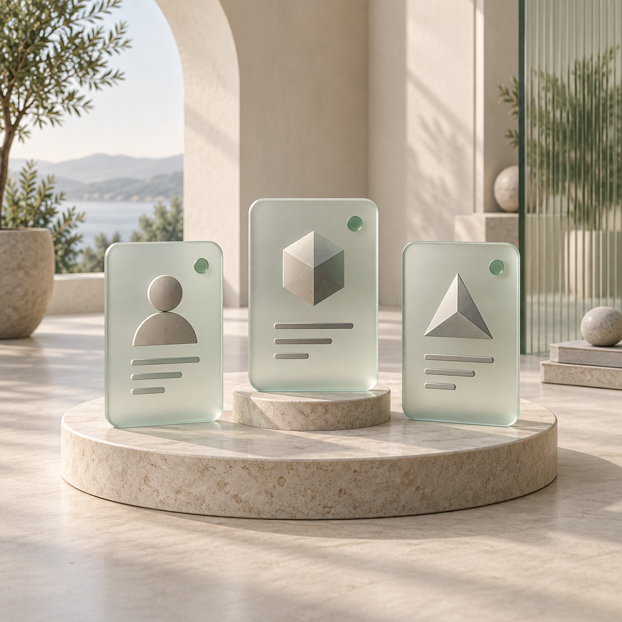 Three frosted-glass teammate profiles with distinct roles, arranged on a shared stone platform